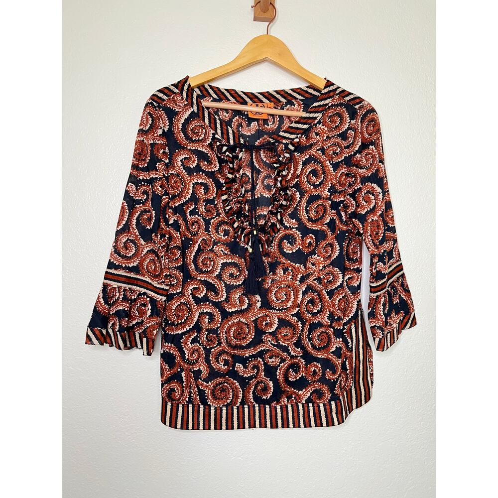 Tory Burch Gwenna Jacquard Ruffle Tunic Blouse Size 4 Boho Chic Resort